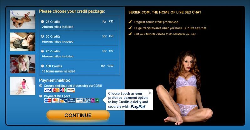 Purchasing credits on live adult webcams