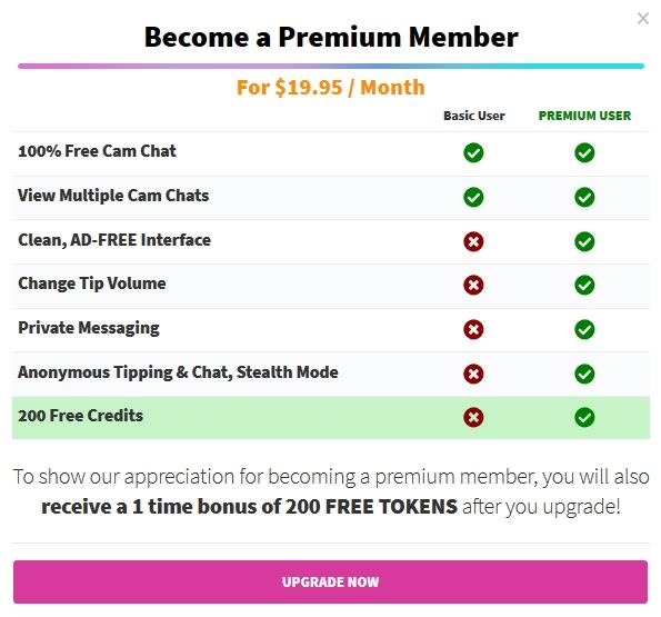CamSoda's premium membership benefits