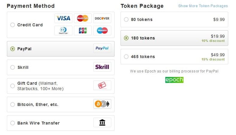 Various payment methods and token packages at StripChat.com